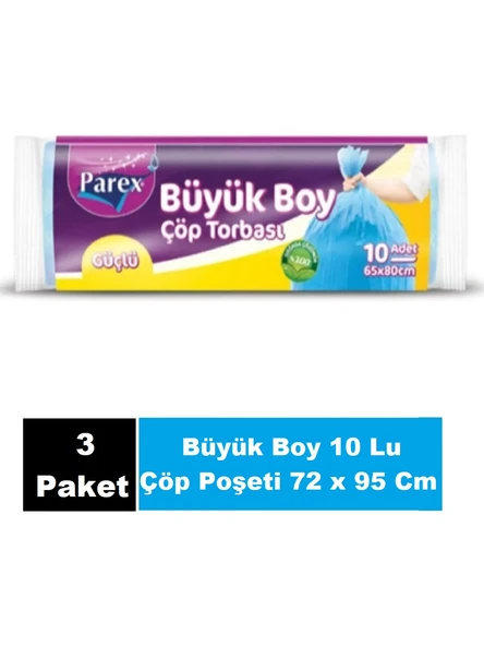Parex Güçlü Çöp Poşeti Battal Boy 72 x 95 Cm 10 Adet - Mavi x 3 Paket  Parex Güçlü Çöp Poşeti Battal Boy 72 x 95 Cm 10 Adet - Mavi x 3 Paket