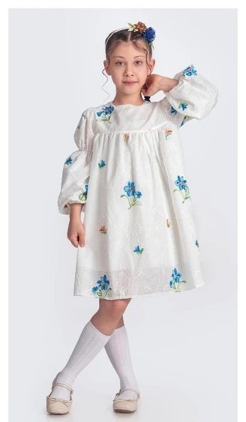 Otantik Akdeniz Çiçek NakışKız Çocuk Müslin Elbise M00706 ürün görseli 1