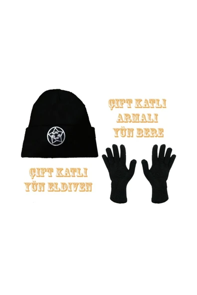 Özel Güvenlik Yün Bere Ve Eldiven8çift Katlı)set Yün Triko Örme Siyah Renk - Resim 4