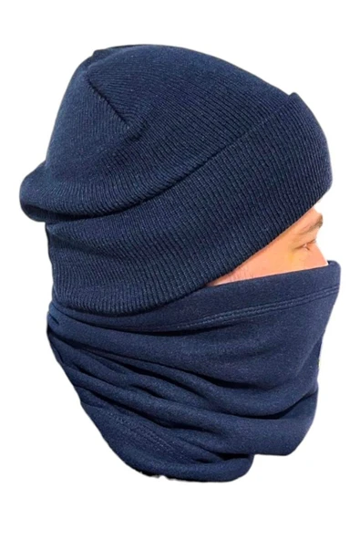 Lacivert Jandarma Yün Bere Ve Polar Boyunluk Ve Yün Eldiven Set - Resim 4