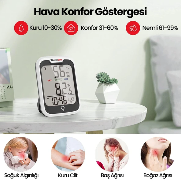 ThermoPro TP358-2X Telefon Kontrollü, Saatli İç Mekan Sıcaklık ve Nem Ölçer Termometre 2 Adet - Resim 4