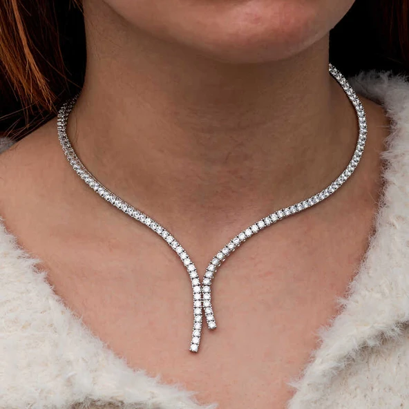 Gümüş İki Sıralı Su Yolu Kadın Kolye SL10073 - Resim 7