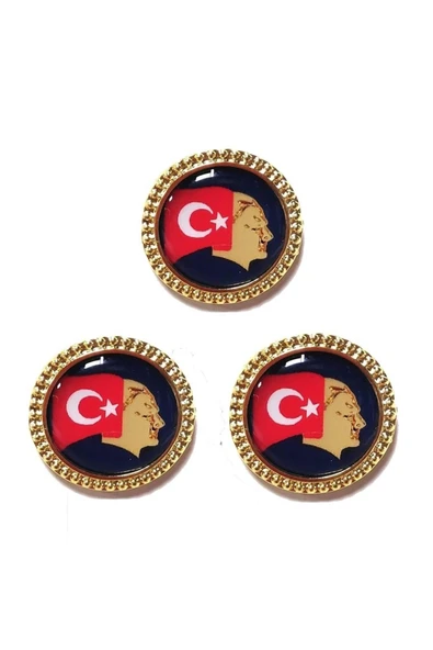 Ata Rozeti Bayraklı Çift Klipsli Altın Kaplama(harici Rozet) X 3 Adet