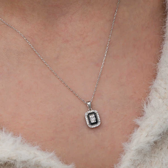 Gümüş Siyah Mineli Baget Kadın Kolye  SL10060 - Resim 6