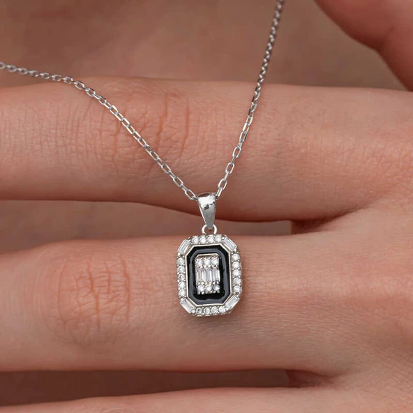 Gümüş Siyah Mineli Baget Kadın Kolye  SL10060 - Resim 2