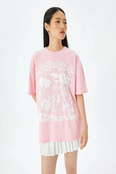 Koton Slogan Baskılı Oversize Bisiklet Yaka Kısa Kollu Tişört - 2