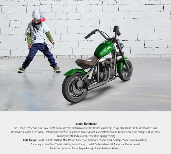CORBY Bc160 Elektrikli Mini Çocuk Motoru Siyah - Resim 6