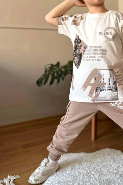 Erkek Çocuk Kargo Cepli ve Design Baskılı Bej Eşofman Takım - 3