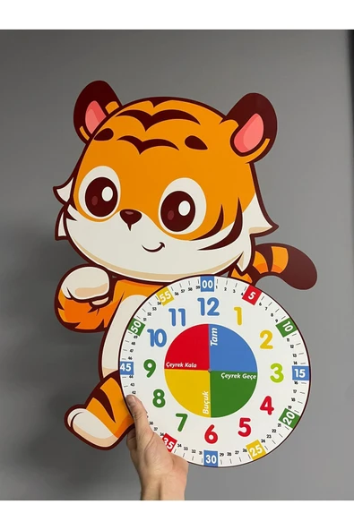 Sevimli Kaplan Tiger Montessori Çocuk Odası Eğitici Ahşap Duvar Saati - Sessiz, Şık Tasarım