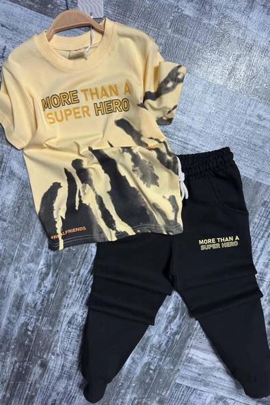 Erkek Çocuk More Than Yazı ve Eskitme Yazı Baskı Detaylı T-Shirt Sarı Eşofman Takım - 5