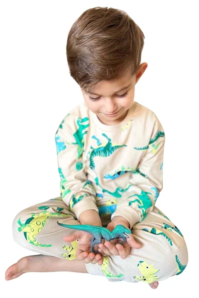 Erkek Çocuk Üzeri Dinazor Baskılı Bisiklet Yaka Pijama Takımı - 7