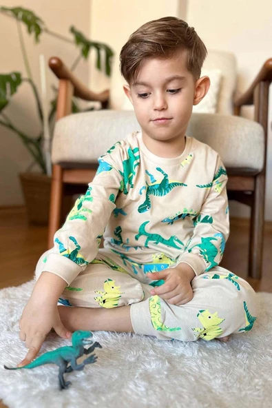 Erkek Çocuk Üzeri Dinazor Baskılı Bisiklet Yaka Pijama Takımı - 2