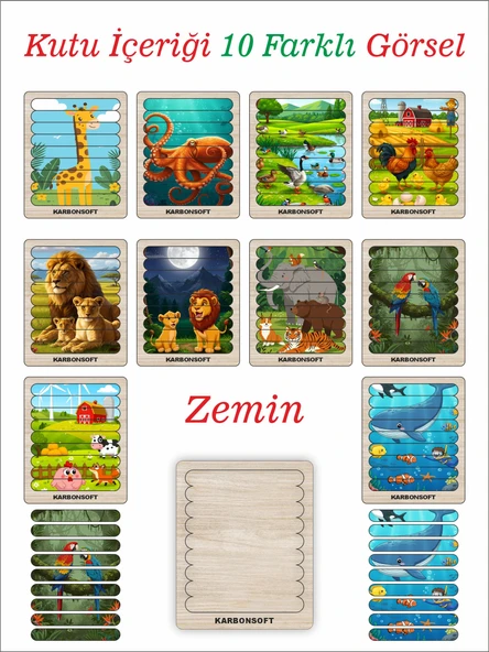 Cubuk Puzzle, 10lu Set Puzzle, Hayvan Puzzle, Montesorri Puzzle, Hayvan Yapboz, 10lu Yapboz - 2