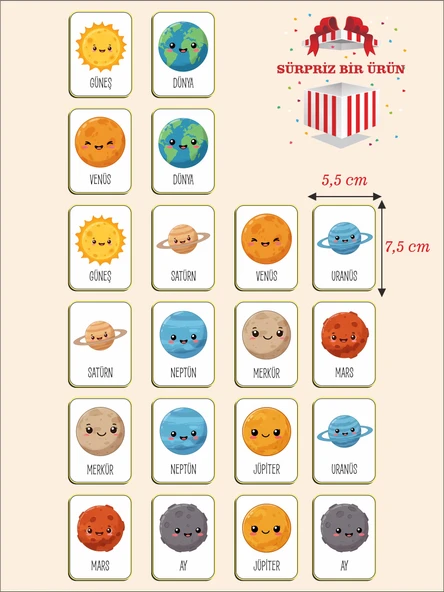 Zeka Kartları Ahşap Eğitici Hafıza Eşleştirme Oyunu Sevimli Gezegenler Oyuncak ( 5,5 x 7,5 CM) - 2