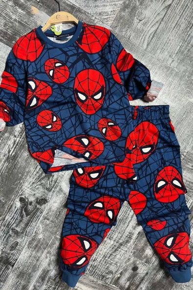 Erkek Çocuk Ağ ve Örümcek Adam Kafa Baskılı Lacivert Pijama Takımı - Resim 4