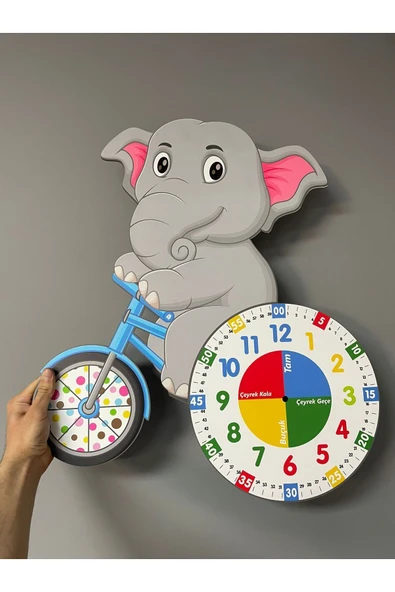Sevimli Fil Betty Bisiklet Sürüyor Montessori Çocuk Odası Eğitici Ahşap Duvar Saati - Sessiz, Şık