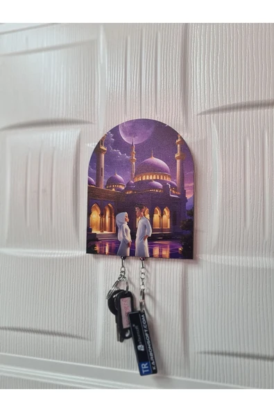 Camii ve Başörtülü Kadın ve Erkek Figürlü Ahşap Anahtarlık ve Askılık - 3