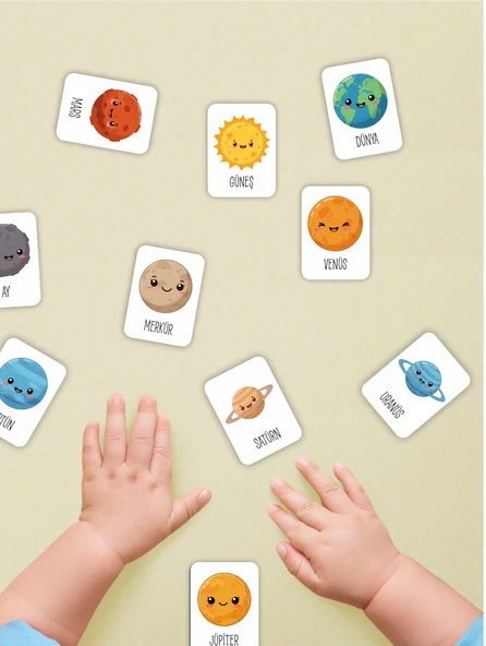 Zeka Kartları Ahşap Eğitici Hafıza Eşleştirme Oyunu Sevimli Gezegenler Oyuncak ( 5,5 x 7,5 CM)