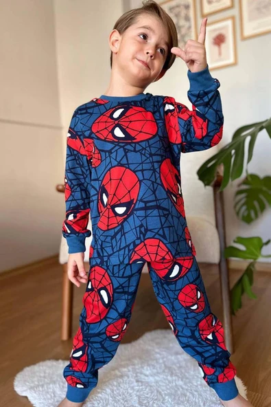 Erkek Çocuk Ağ ve Örümcek Adam Kafa Baskılı Lacivert Pijama Takımı - Resim 2