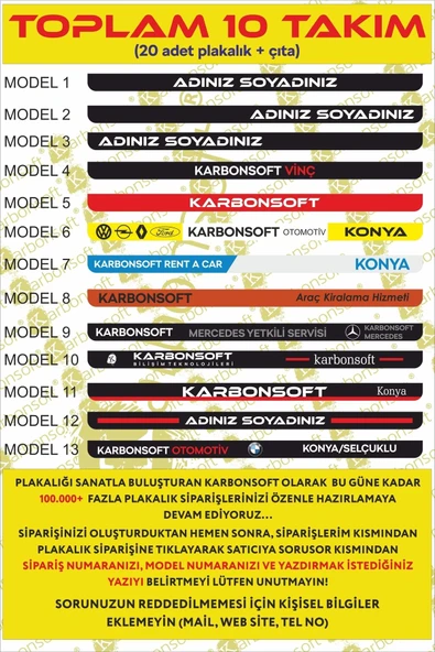Kişiye Özel Isimli 10 Takım (20ADET) Araç Logo Kabartmalı Siyah Oto Plakalık