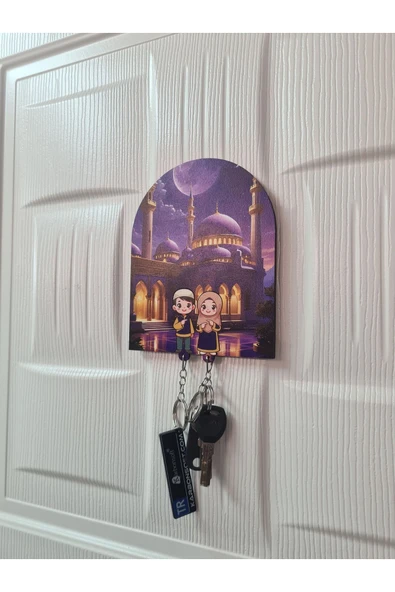Camii ve Başörtülü Kadın ve Erkek Figürlü Ahşap Anahtarlık ve Askılık - 3
