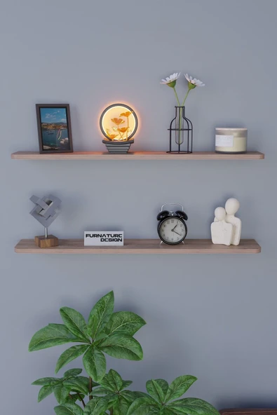 Dekoratif Uçan Duvar Rafı 2 Adet Gizli Monteli Raf Oval Kesim 80x18 Cm - 2