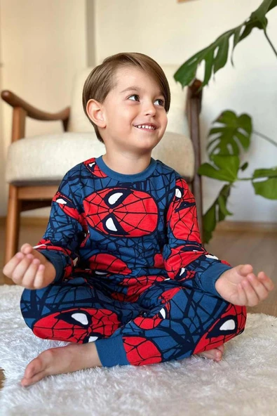 Erkek Çocuk Ağ ve Örümcek Adam Kafa Baskılı Lacivert Pijama Takımı - Resim 3