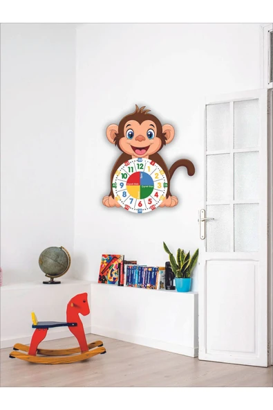 Sevimli Munki Maymun Montessori Çocuk Odası Eğitici Ahşap Duvar Saati - Sessiz Mekanizma, Şık