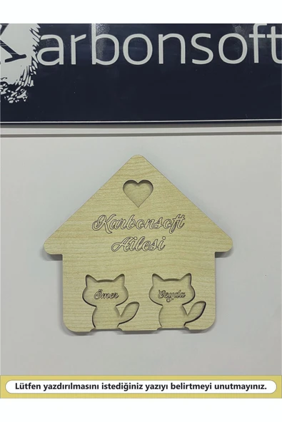 Kişiye Özel Sevimli Kedi Temalı Ahşap Lazer Kesim Anahtarlık - 3