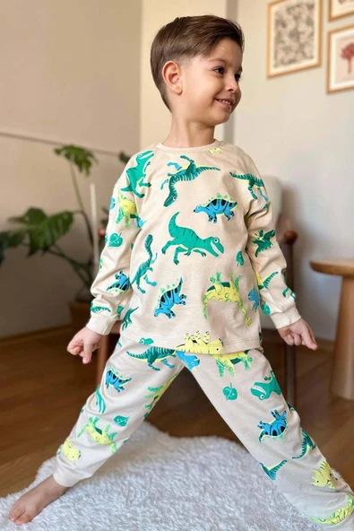 Erkek Çocuk Üzeri Dinazor Baskılı Bisiklet Yaka Pijama Takımı - 1