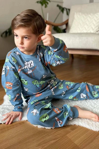 Erkek Çocuk Robot ve Creeper Baskılı Mavi Pijama Takımı - 3