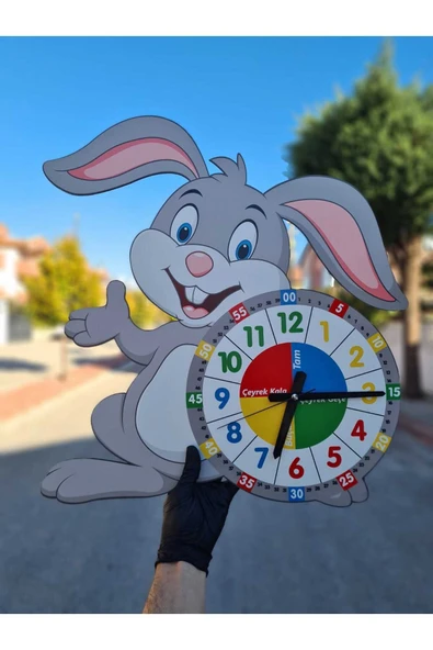 Sevimli Bunny Tavşan Montessori Çocuk Odası Eğitici Ahşap Duvar Saati - Sessiz Mekanizma, Şık