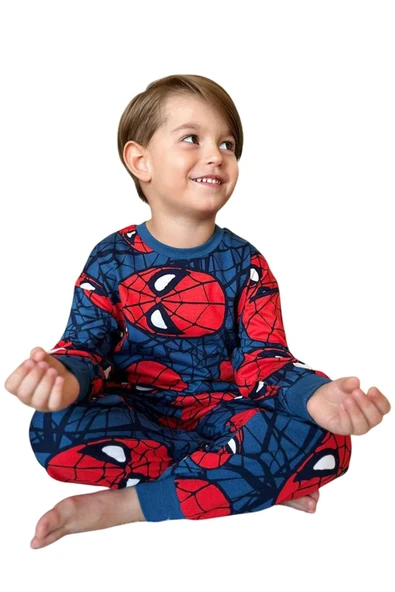 Erkek Çocuk Ağ ve Örümcek Adam Kafa Baskılı Lacivert Pijama Takımı - Resim 8