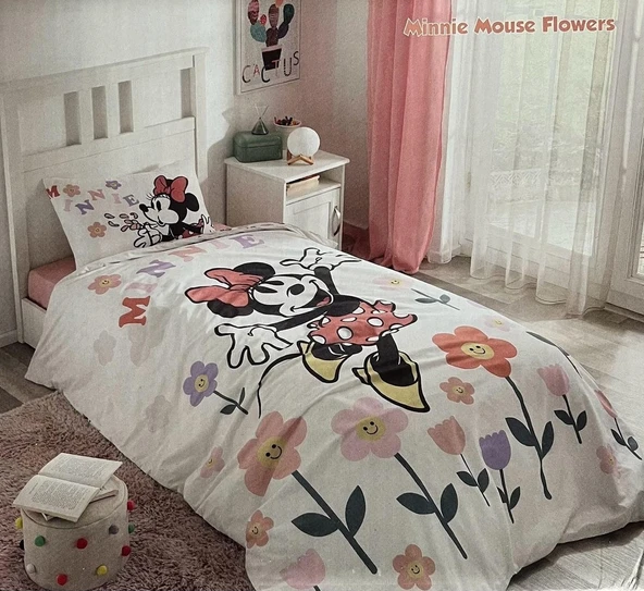 Özdilek Lisanslı Disney Minnie Mouse Flowers Tek Nevresim Takımı Beyaz