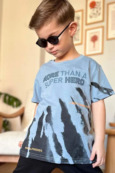 Erkek Çocuk More Than Yazı ve Eskitme Yazı Baskı Detaylı T-Shirt Mavi Eşofman Takım - Resim 4