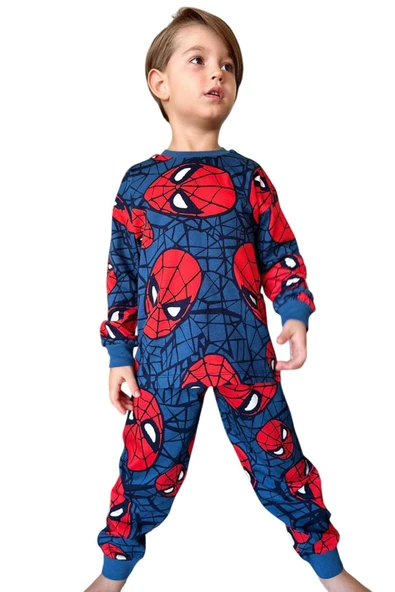 Erkek Çocuk Ağ ve Örümcek Adam Kafa Baskılı Lacivert Pijama Takımı - Resim 6