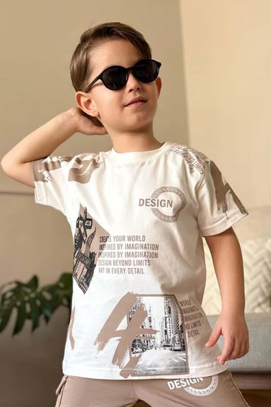 Erkek Çocuk Kargo Cepli ve Design Baskılı Bej Eşofman Takım - 2