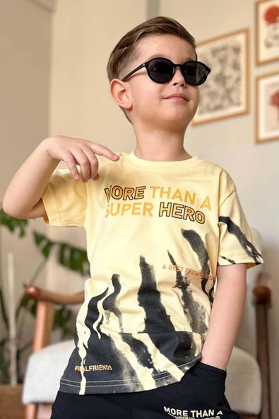 Erkek Çocuk More Than Yazı ve Eskitme Yazı Baskı Detaylı T-Shirt Sarı Eşofman Takım - 3
