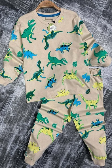 Erkek Çocuk Üzeri Dinazor Baskılı Bisiklet Yaka Pijama Takımı - 4