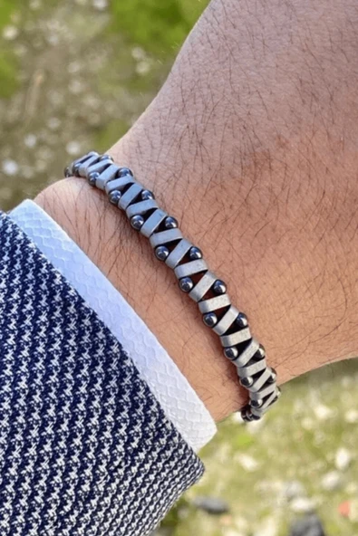 Zikzak Model Hematit Doğaltaş Füme Görünümlü Erkek Bileklik - 4