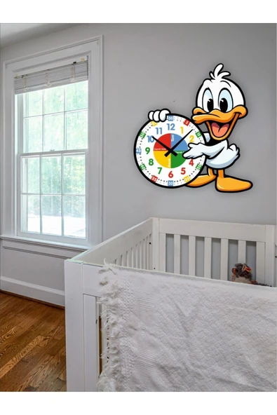 Sevimli Daffy Ördek Montessori Çocuk Odası Eğitici Ahşap Duvar Saati - Sessiz Mekanizma, Şık Tasarım - 3