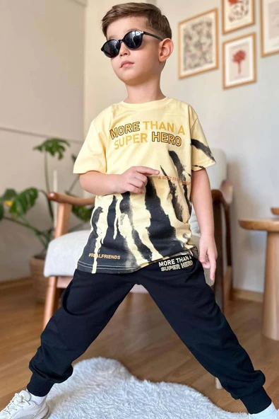 Erkek Çocuk More Than Yazı ve Eskitme Yazı Baskı Detaylı T-Shirt Sarı Eşofman Takım - 2