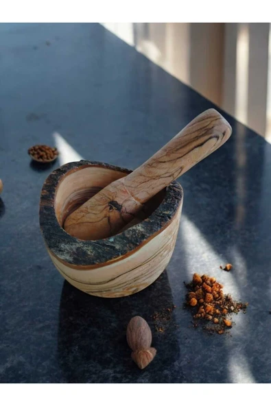 Zeytin ağacı el yapımı havan kabuk detaylı kütüklü doğal el işçiliği havan - 4