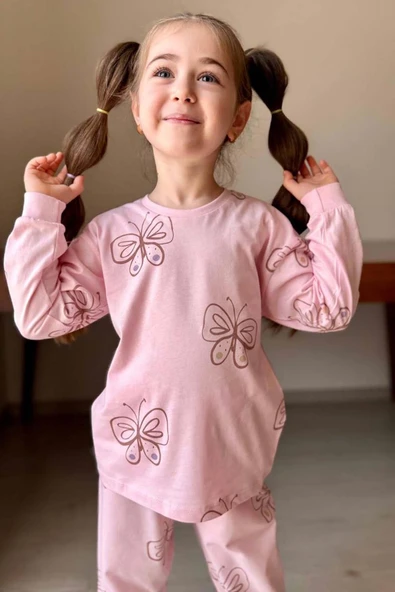 Kız Çocuk Bilekleri Manşetli Kelebek Desenli Pembe Pijama Takımı - 3