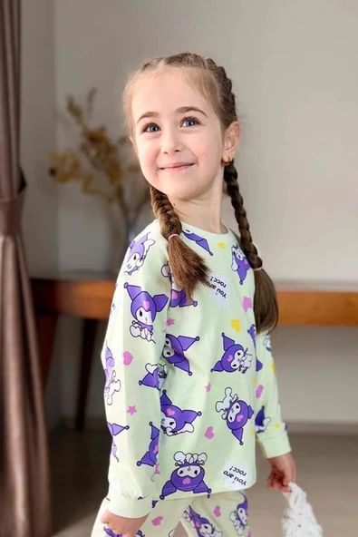 Kız Çocuk Kuromi Karakter Baskılı Açık Yeşil Pijama Takımı - 4