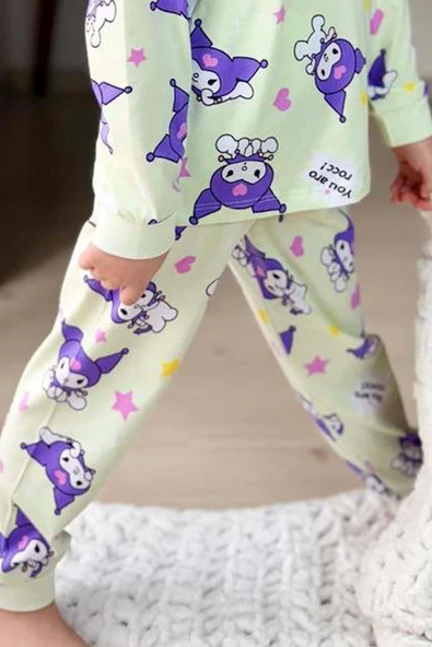 Kız Çocuk Kuromi Karakter Baskılı Açık Yeşil Pijama Takımı - 5