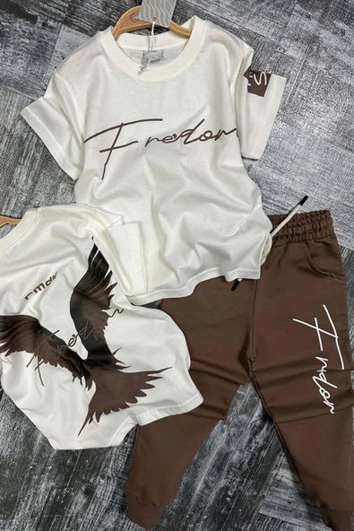 Erkek Çocuk Önü Fredoom Yazı Baskı Arkası Kartal Figürlü T-Shirt Kahverengi Eşofman Takım - 5