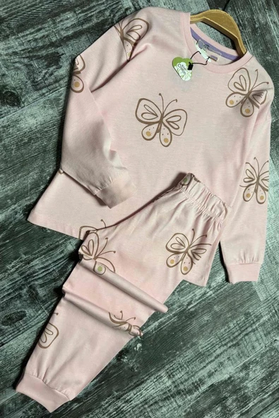 Kız Çocuk Bilekleri Manşetli Kelebek Desenli Pembe Pijama Takımı - 6