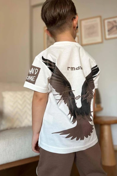 Erkek Çocuk Önü Fredoom Yazı Baskı Arkası Kartal Figürlü T-Shirt Kahverengi Eşofman Takım - 2