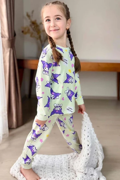 Kız Çocuk Kuromi Karakter Baskılı Açık Yeşil Pijama Takımı - Resim 2